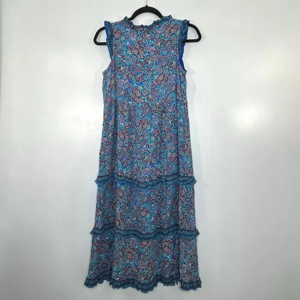 J. Jill Women Sleeveless Paisley Midi Dress XS Layered Ruffle Beach Summer Boho - Picture 2 of 11
